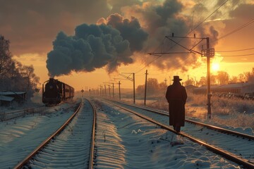 Along the railway tracks, a conductor guides the train of progress, navigating towards destinations unknown. - obrazy, fototapety, plakaty