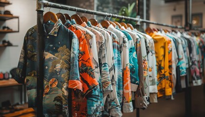A clothing rack with a variety of colorful shirts and jackets.