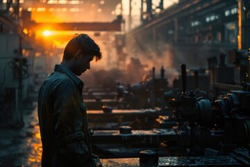As the sun rises on International Labor Day, a factory worker reflects on the rhythm of machines and the pulse of humanity. - obrazy, fototapety, plakaty