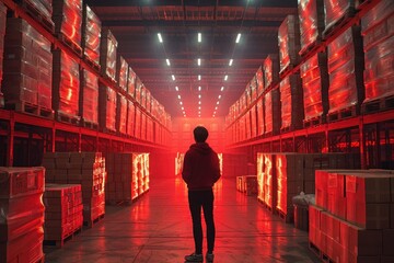 Beneath the fluorescent lights of a warehouse, a logistics worker orchestrates the dance of goods, bridging continents with each shipment. - obrazy, fototapety, plakaty