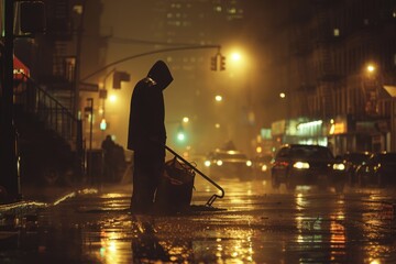 Beneath the glow of streetlights, a janitor sweeps away the remnants of the day, a silent guardian of urban landscapes. - obrazy, fototapety, plakaty
