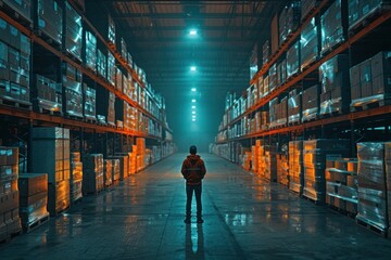 Beneath the fluorescent lights of a warehouse, a logistics worker orchestrates the dance of goods, bridging continents with each shipment. - obrazy, fototapety, plakaty