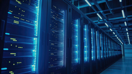 Server Room with Illuminated Racks in Modern Data Center