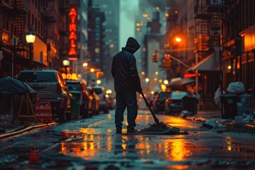 Beneath the glow of streetlights, a janitor sweeps away the remnants of the day, a silent guardian of urban landscapes. - obrazy, fototapety, plakaty