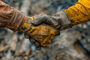 Beyond borders and languages, a handshake between laborers signifies solidarity in the face of adversity. - obrazy, fototapety, plakaty