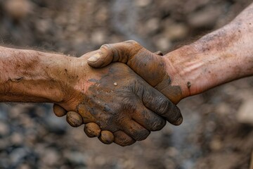 Beyond borders and languages, a handshake between laborers signifies solidarity in the face of adversity. - obrazy, fototapety, plakaty