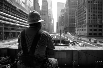 In the heart of the city, amidst skyscrapers reaching for the sky, a construction worker finds solace in the symphony of progress. - obrazy, fototapety, plakaty