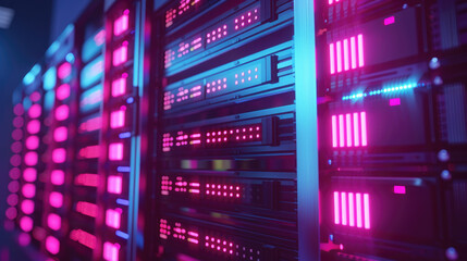 Server Room with Illuminated Racks in Modern Data Center