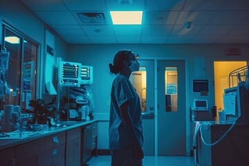 In the quiet of the night, a healthcare worker tends to the weary, a beacon of compassion in times of distress. - obrazy, fototapety, plakaty
