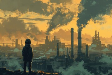 In the shadow of factories, a child dreams of a future beyond the assembly line, fueled by the promise of education. - obrazy, fototapety, plakaty
