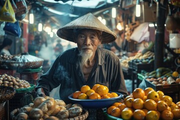 Within the labyrinth of markets, a vendor's call echoes the rhythm of commerce, a testament to the vitality of trade. - obrazy, fototapety, plakaty