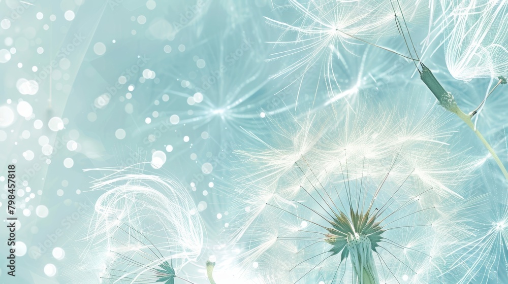 Poster whispy and ethereal graphics drawing inspiration from the weightless journey of a dandelion seed on 