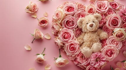 A delightful Valentine s Day decoration featuring a heart crafted from delicate pink roses with a sweet teddy bear nestled in its center