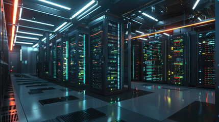Fototapeta premium Server Room with Illuminated Racks in Modern Data Center