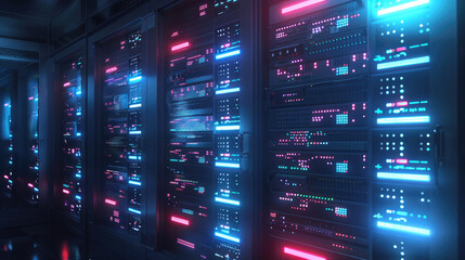 Obraz premium Server Room with Illuminated Racks in Modern Data Center