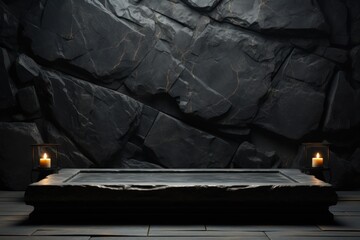 Product display, empty Black Marble podium display stand for product display against a backdrop of black rock boulder.