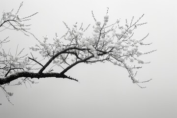 cherry blossom tree in the mist, monochrome tone