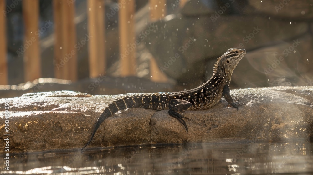 Poster A lizard resting on a heated rock just outside of the sauna soaking up the warmth..