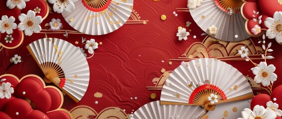 3D wallpaper with paper fans, white and gold flowers