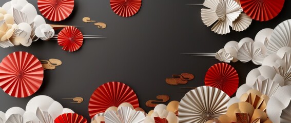 3D wallpaper with paper fans, white and gold flowers