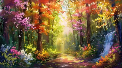 This is a painting of a colorful forest with a path leading through it. There is a waterfall on the right side of the path and many different kinds of flowers and plants on either side.  