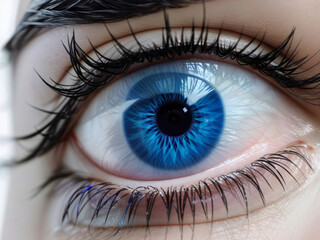 A detailed image showcasing a striking blue eye with lengthy eyelashes set against a crisp white backdrop captures the beauty of the human body iris in shades of azure design.