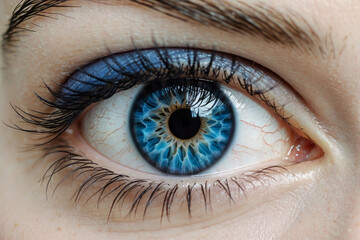 Fototapeta premium A detailed image showcasing a striking blue eye with lengthy eyelashes set against a crisp white backdrop captures the beauty of the human body iris in shades of azure design.