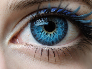 A detailed image showcasing a striking blue eye with lengthy eyelashes set against a crisp white backdrop captures the beauty of the human body iris in shades of azure design.