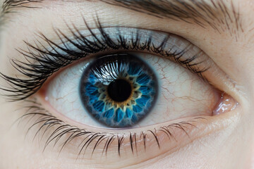 A detailed image showcasing a striking blue eye with lengthy eyelashes set against a crisp white backdrop captures the beauty of the human body iris in shades of azure design.