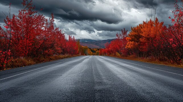 A long road is surrounded by trees with red leaves. The sky is dark and cloudy.

