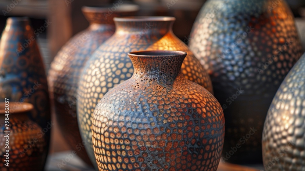Poster a selection of rakufired vases on display each boasting its own unique pattern and texture a testame