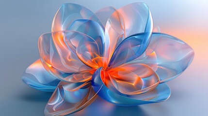 This is a 3D rendering of a flower with 5 petals. The petals are blue and orange and the edges of the petals are glowing. The flower is sitting on a reflective surface.

