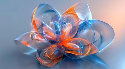 This is a 3D rendering of a flower with 5 petals. The petals are blue and orange and the edges of the petals are glowing. The flower is sitting on a reflective surface.

