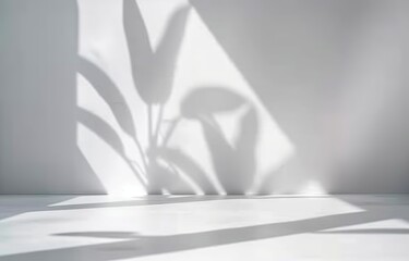 Minimalist abstract background for product presentation featuring blurred shadows from leaves and plants cast upon a white wall. Spring and summer. Made with Generative AI Technology
