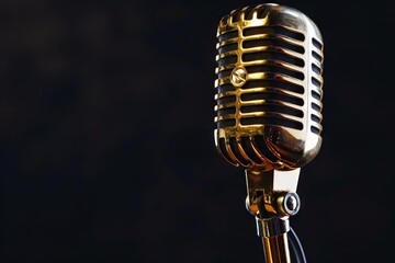 vintage gold microphone gleaming against dramatic black background music industry concept