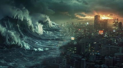 Dramatic Tsunami in Tokyo, Japan: Massive Waves Sweeping Through Cityscape