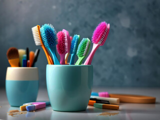 There are many toothbrushes in a cup on a table: wet brushes, brushes, z-brush, brush hard, featured on z brush, holding a yellow toothbrush, brush, fine brush, broad brush, washy brush - obrazy, fototapety, plakaty