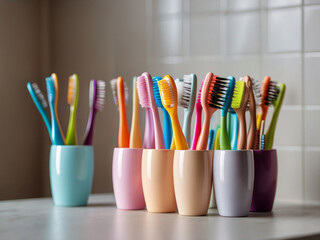 There are many toothbrushes in a cup on a table: wet brushes, brushes, z-brush, brush hard, featured on z brush, holding a yellow toothbrush, brush, fine brush, broad brush, washy brush - obrazy, fototapety, plakaty