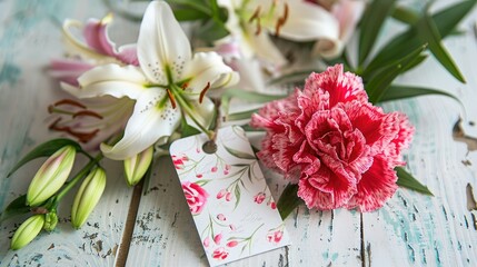 Close up shot of a gift tag for Mother s Day featuring a vibrant pink carnation and lily flowers set against a backdrop of white wood