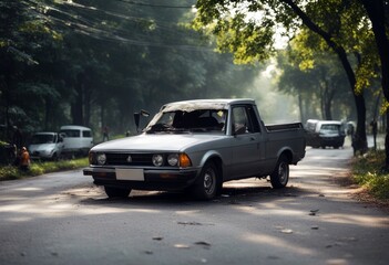 'light front color have gray pick accident car damaged big broken can morning officer road time not more drive any park wait insurance copy space text design repair crash parking'