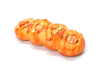 Sausage twist bun isolated on white background. Bakery product photography