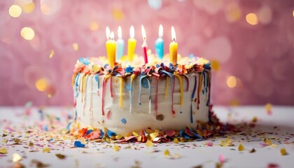 'confetti Kerzen Geburtstagstorte birthday candle cake pie celebrate party cream chocolate flames burn fire light strawberry grape cookie mint' - obrazy, fototapety, plakaty