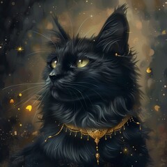 Felino negro adornado con collar dorado resplandeciente. - obrazy, fototapety, plakaty