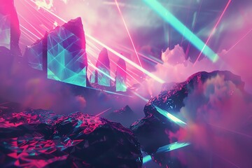 Craft an otherworldly landscape featuring holographic projections in a dynamic, tilted angle view Infuse abstract geometric shapes with neon hues to create a striking digital artwork Implement unexpec