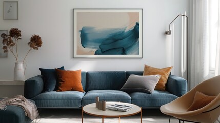 Interior view of the living room of a modern minimalist Scandinavian house, with comfortable navy blue sofa chairs, poster frame decorations on the white wall and minimalist interior plants.