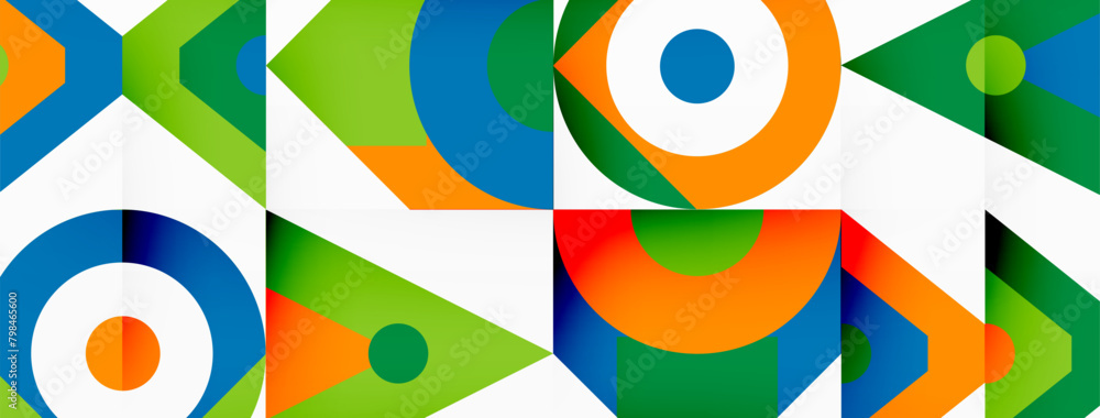 Poster a vibrant and symmetrical geometric pattern featuring colorful circles and arrows on a white backgro