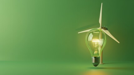 a light bulb with a wind generator power plant on a green empty background copy space. renewable energy concept ai hyper realistic  - obrazy, fototapety, plakaty