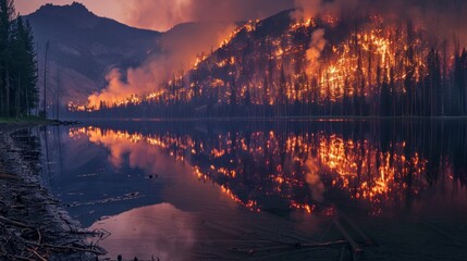 Stark and haunting mirror image of large wildfire reflected in still waters of nearby lake