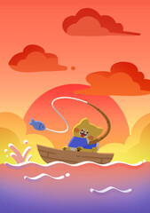 Obraz na płótnie Canvas sea fishing, cute character, sunset