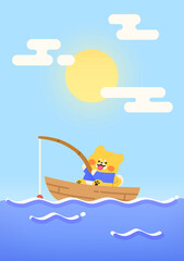 Fishing dog character, sea fishing, cute character